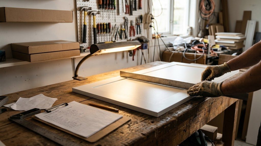 A flat-pack door panel being checked with a straightedge on a workbench under a work lamp