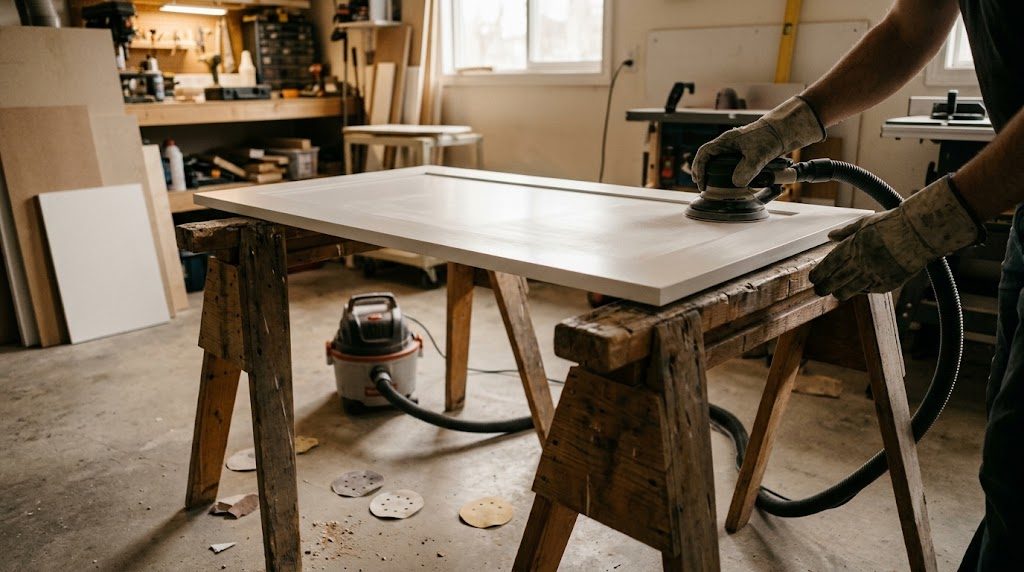 A flat-pack door panel being sanded with a vacuum-assisted sander on sawhorses