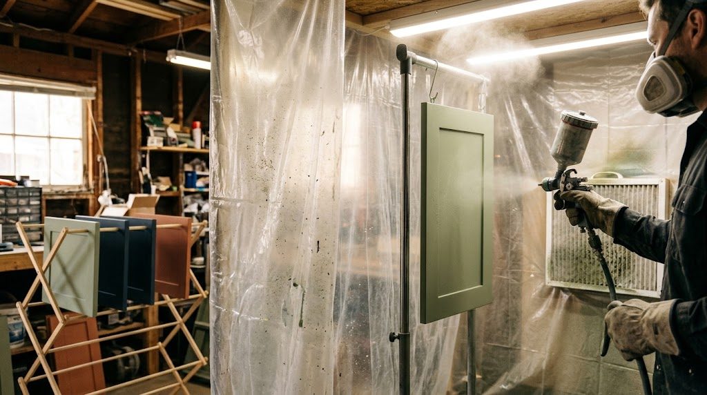 A flat-pack door panel being spray painted in a draped, filtered spray area